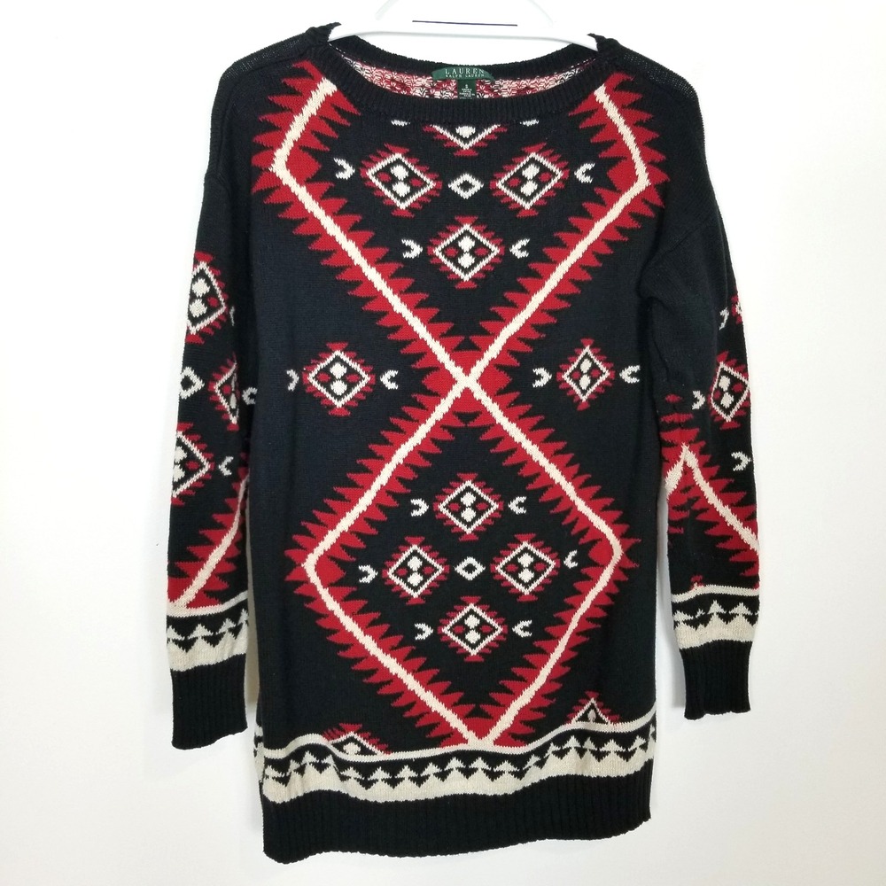 Lauren Ralph Lauren‎ Sweater Sz S Black Red Aztec Southwestern Native American